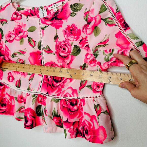 May & July Hot Pink and Green Floral Rose Short Sleeve Peplum Crop Blouse S - Picture 9 of 11